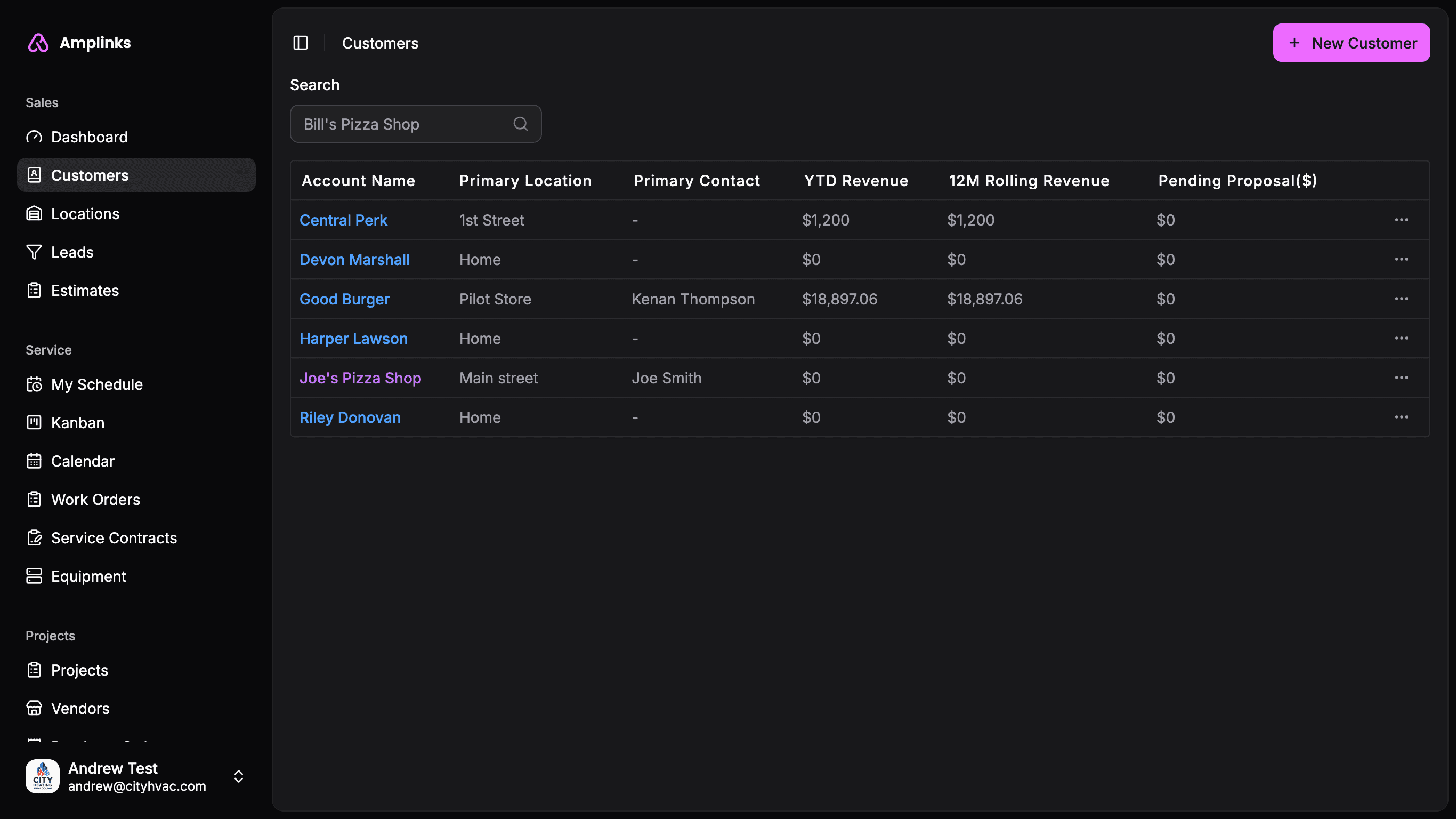 Screenshot of Amplinks customer management page