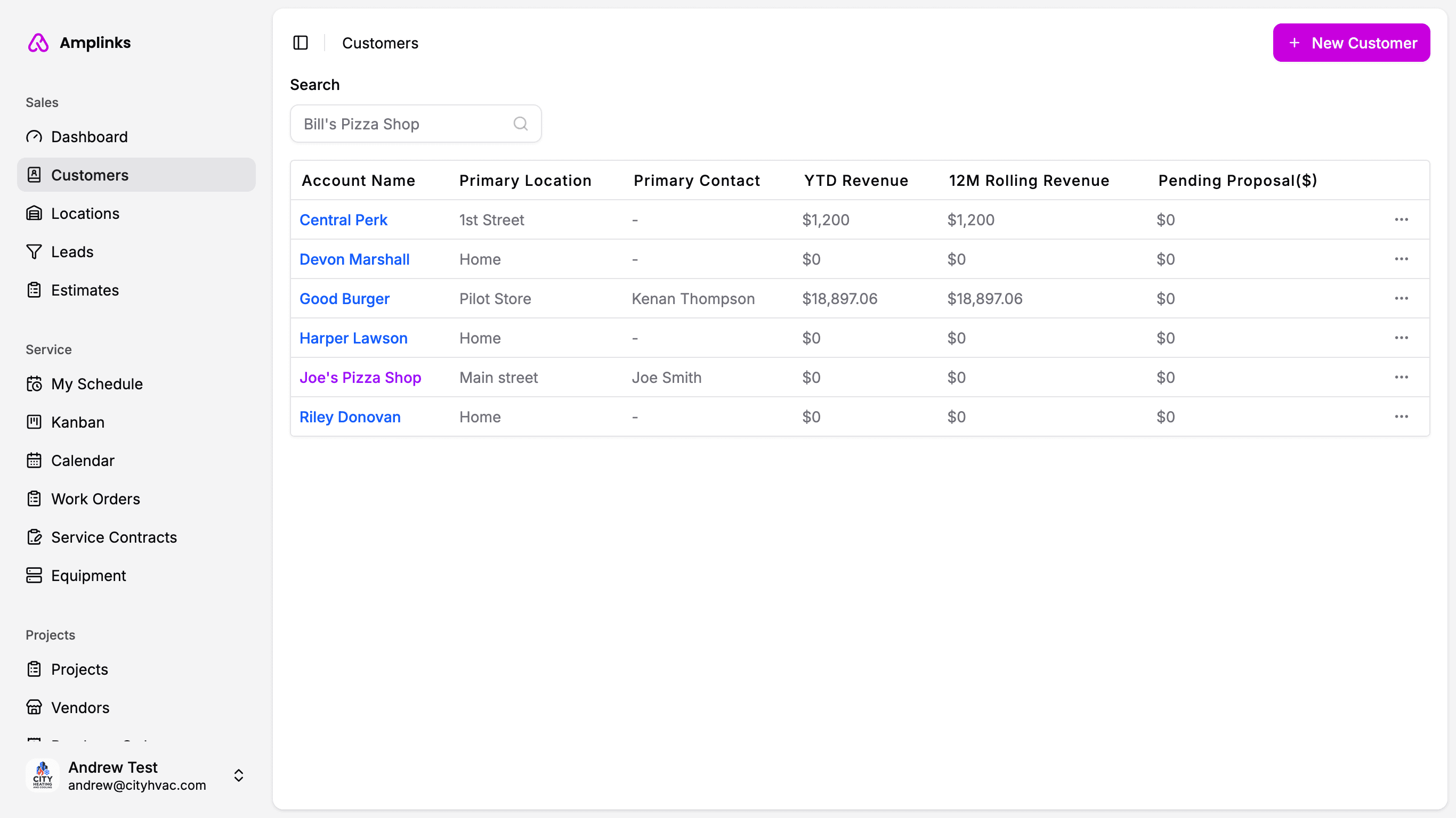 Screenshot of Amplinks customer management page