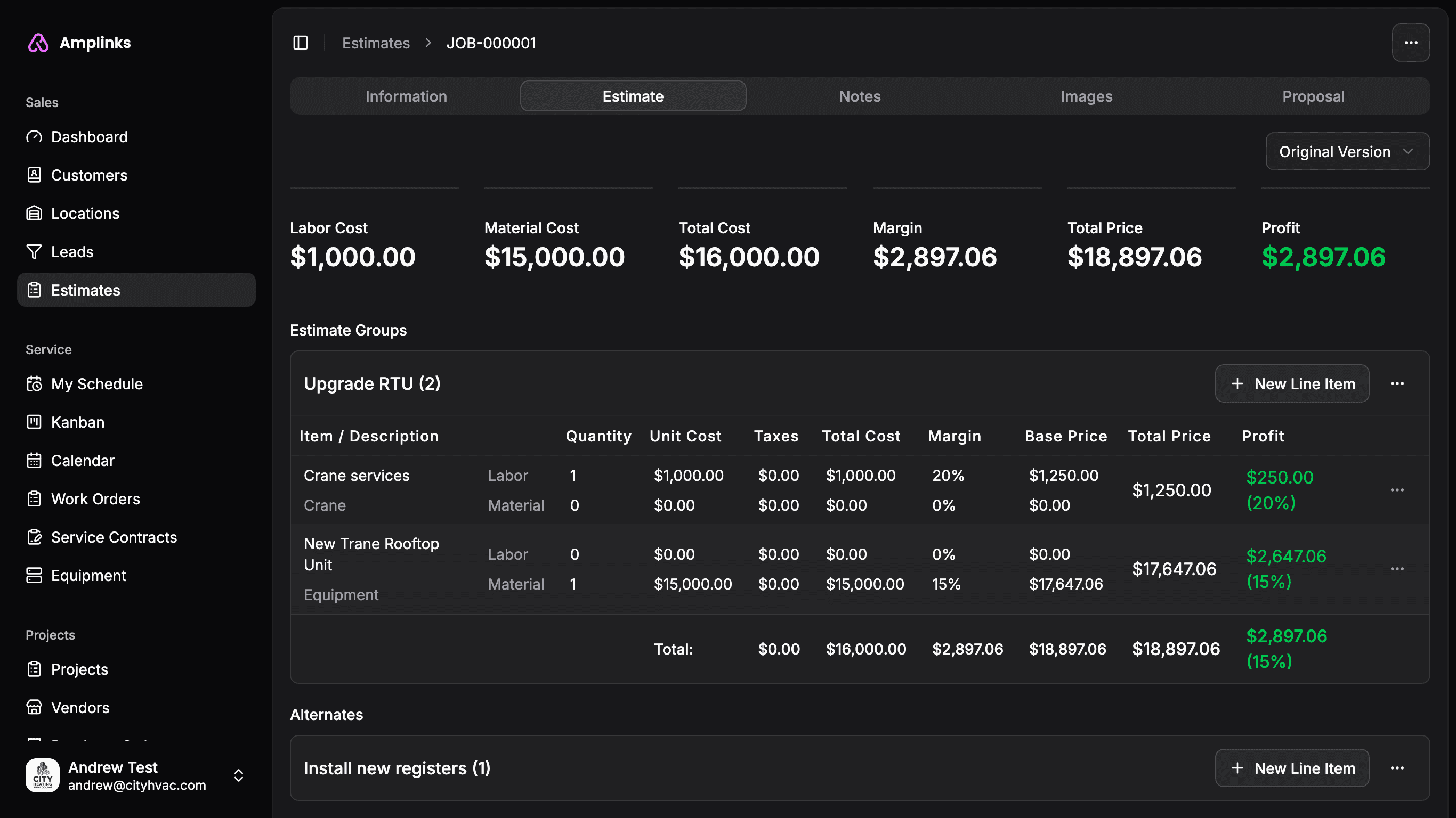 Screenshot of Amplinks Estimate builder