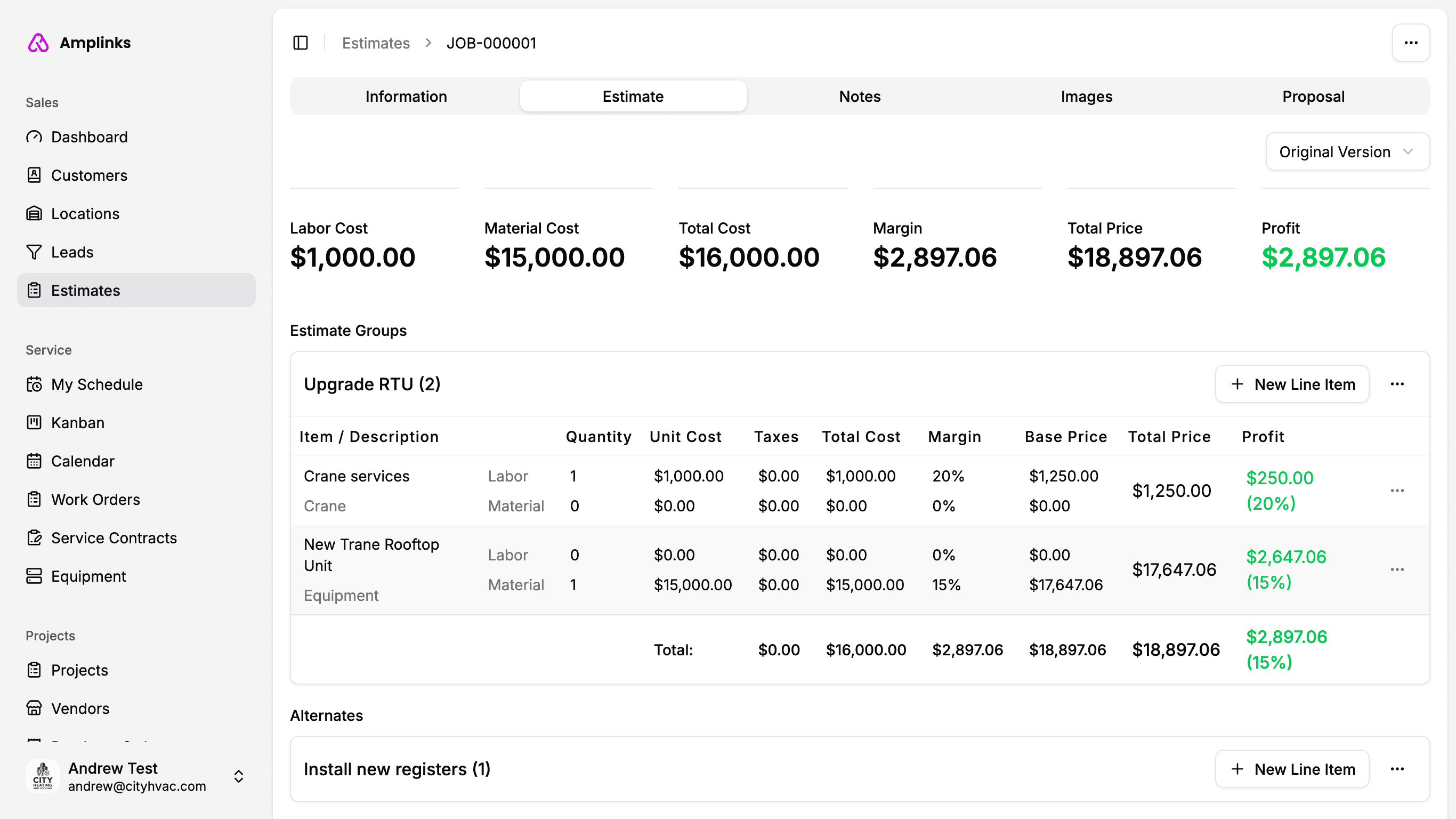Screenshot of Amplinks Estimate builder