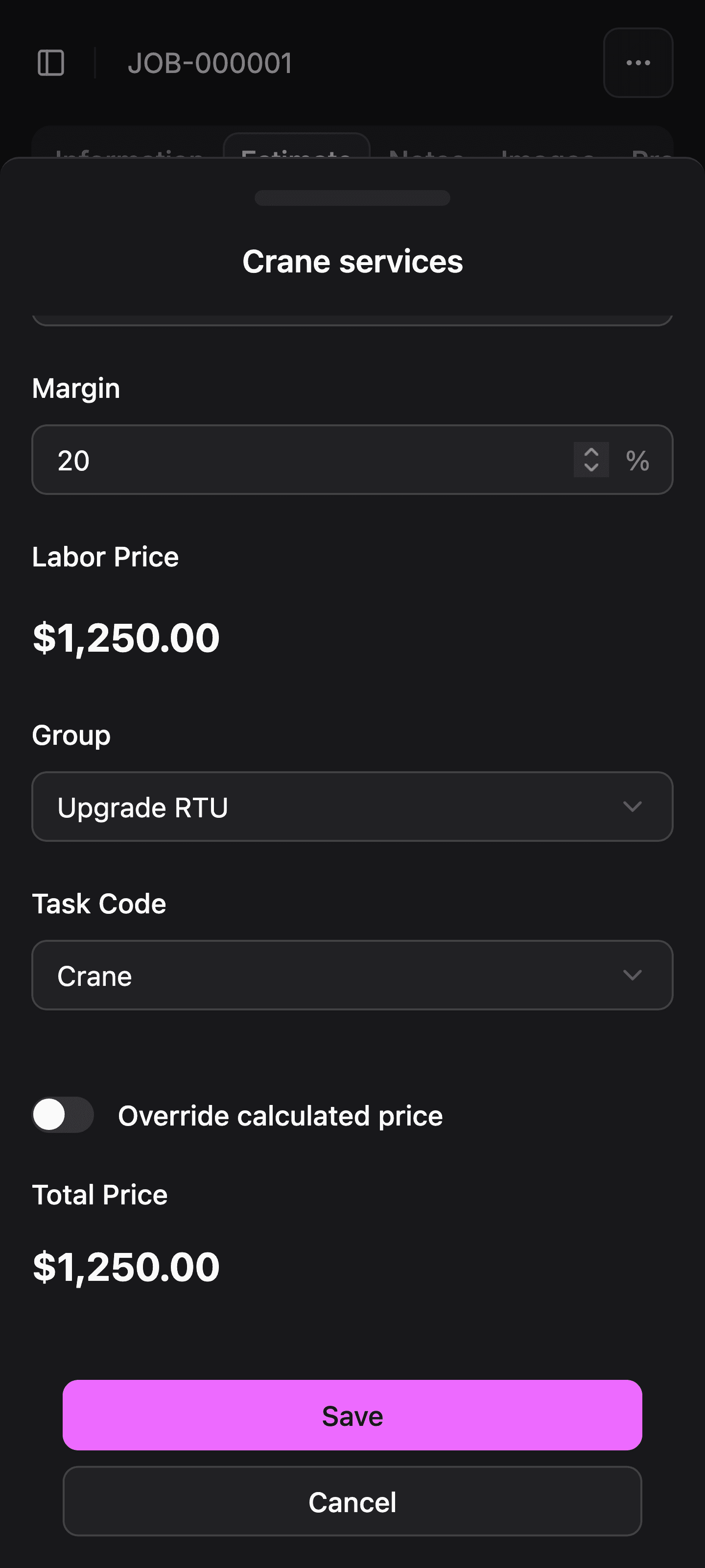 Screenshot of Amplinks Estimate builder