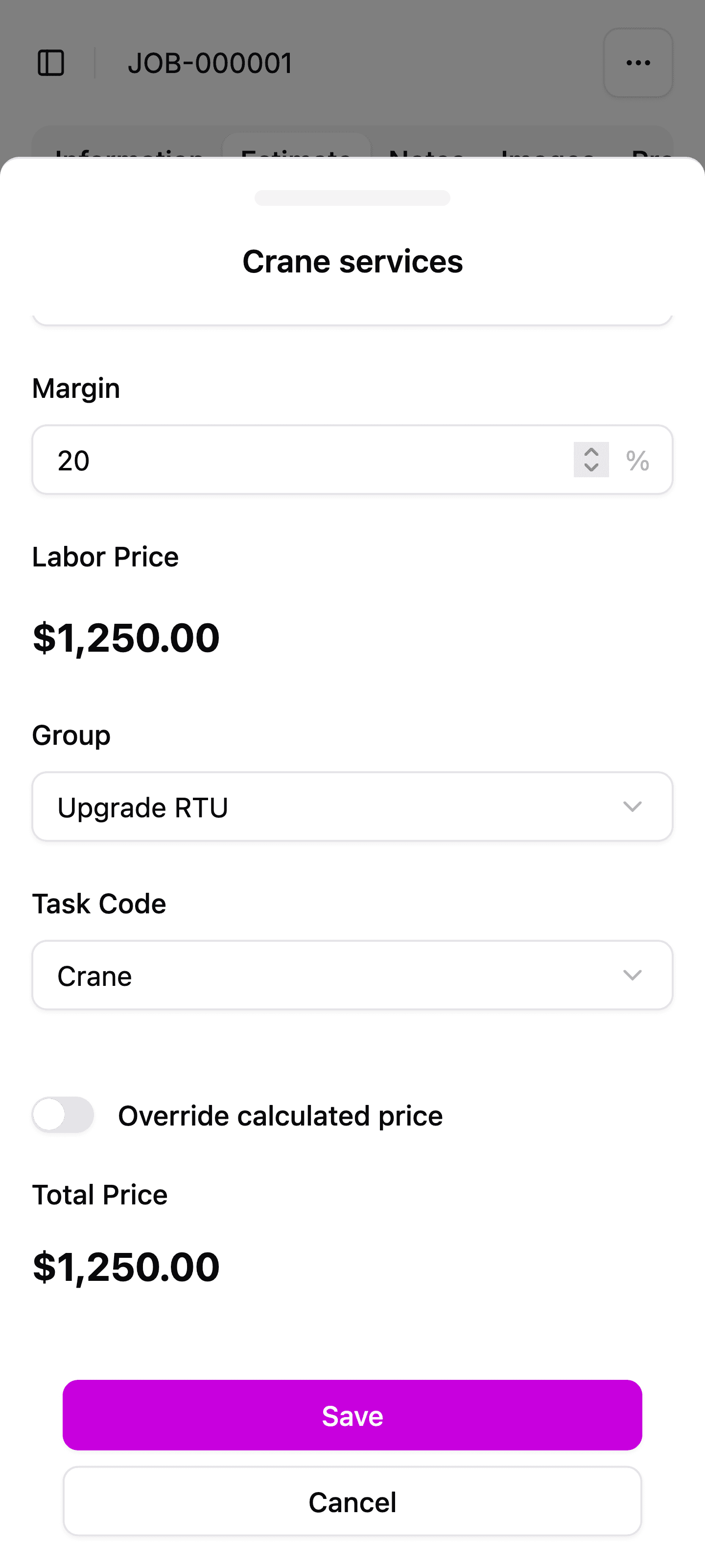 Screenshot of Amplinks Estimate builder