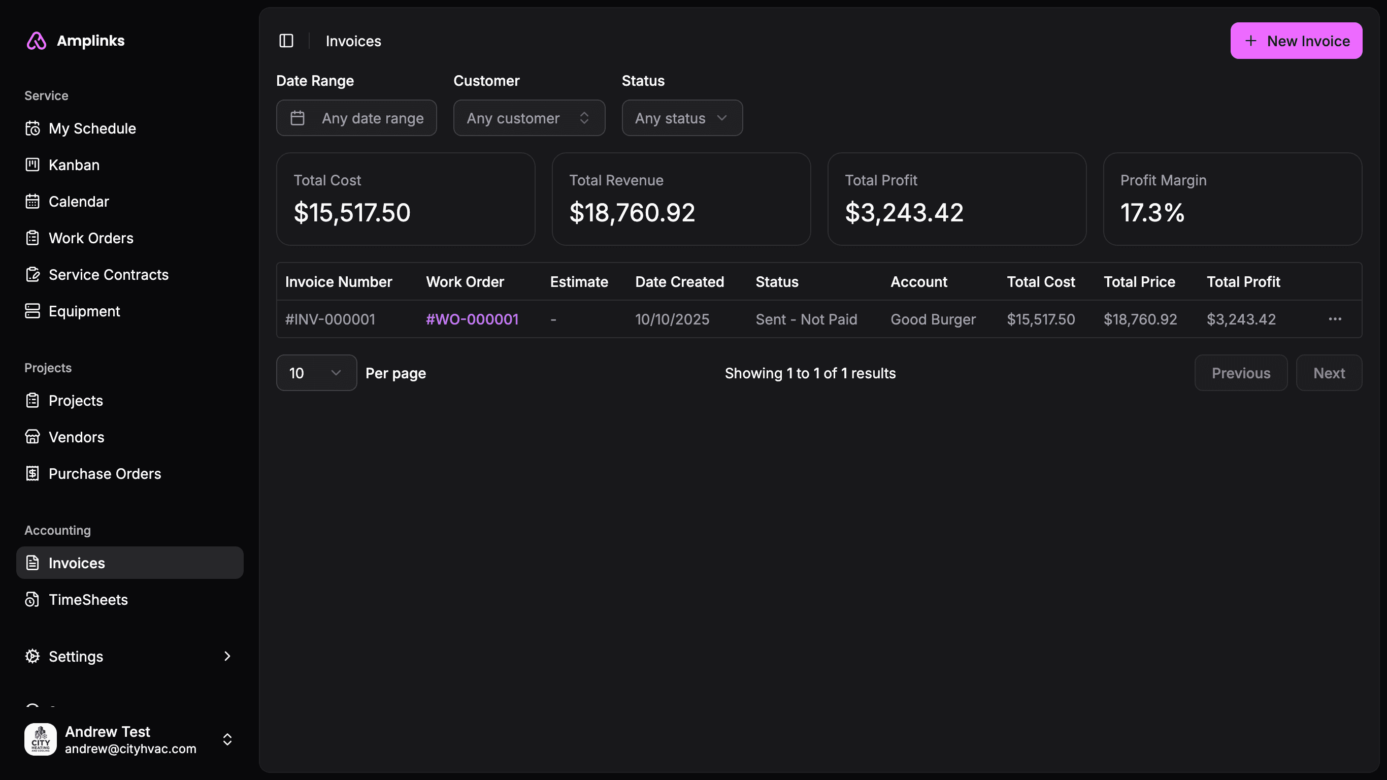 Screenshot of Amplinks invoice tracking and summary