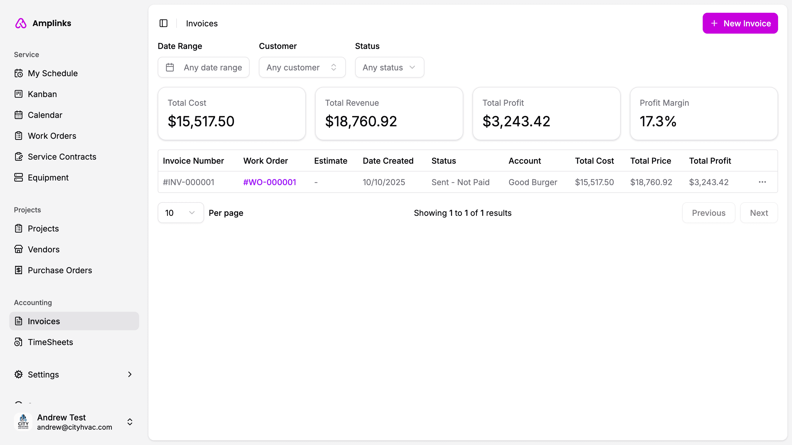 Screenshot of Amplinks invoice tracking and summary