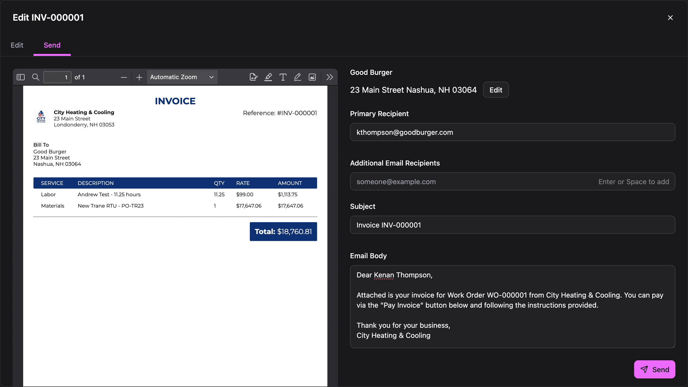 Screenshot of Amplinks invoicing features