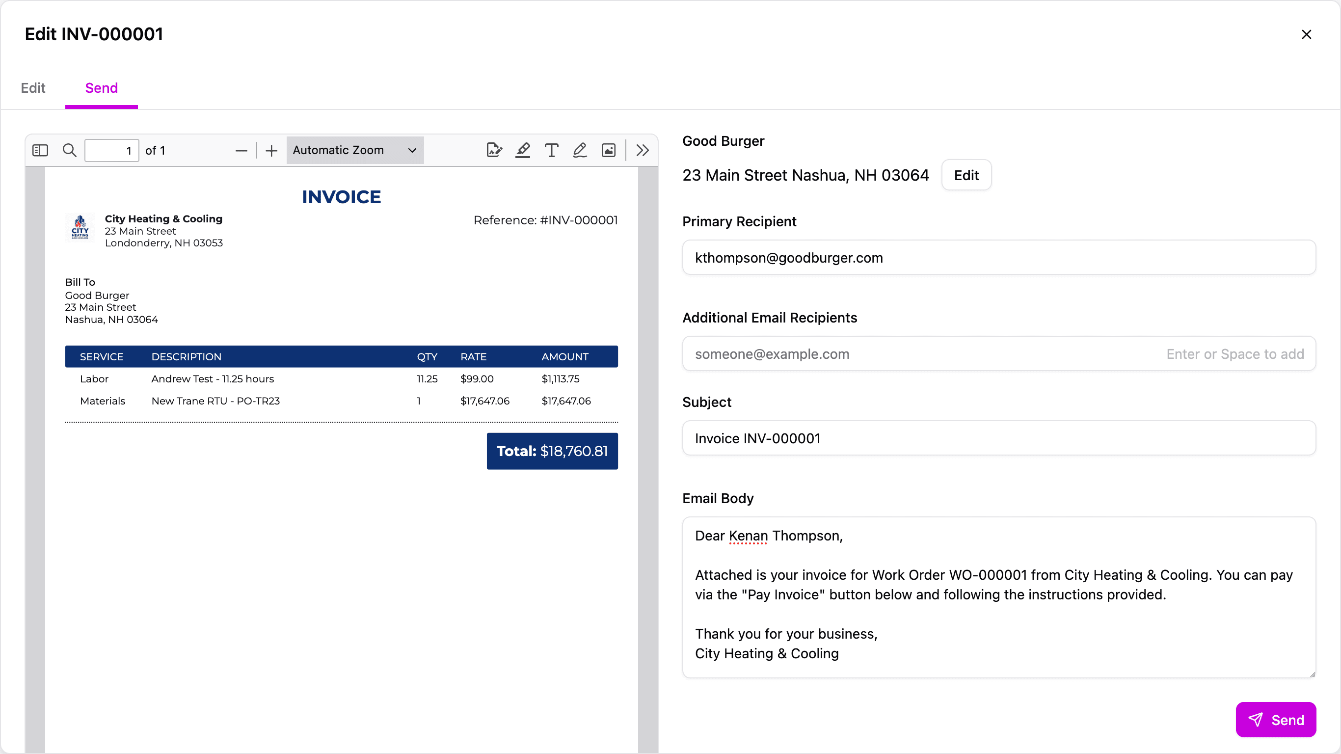 Screenshot of Amplinks invoicing features