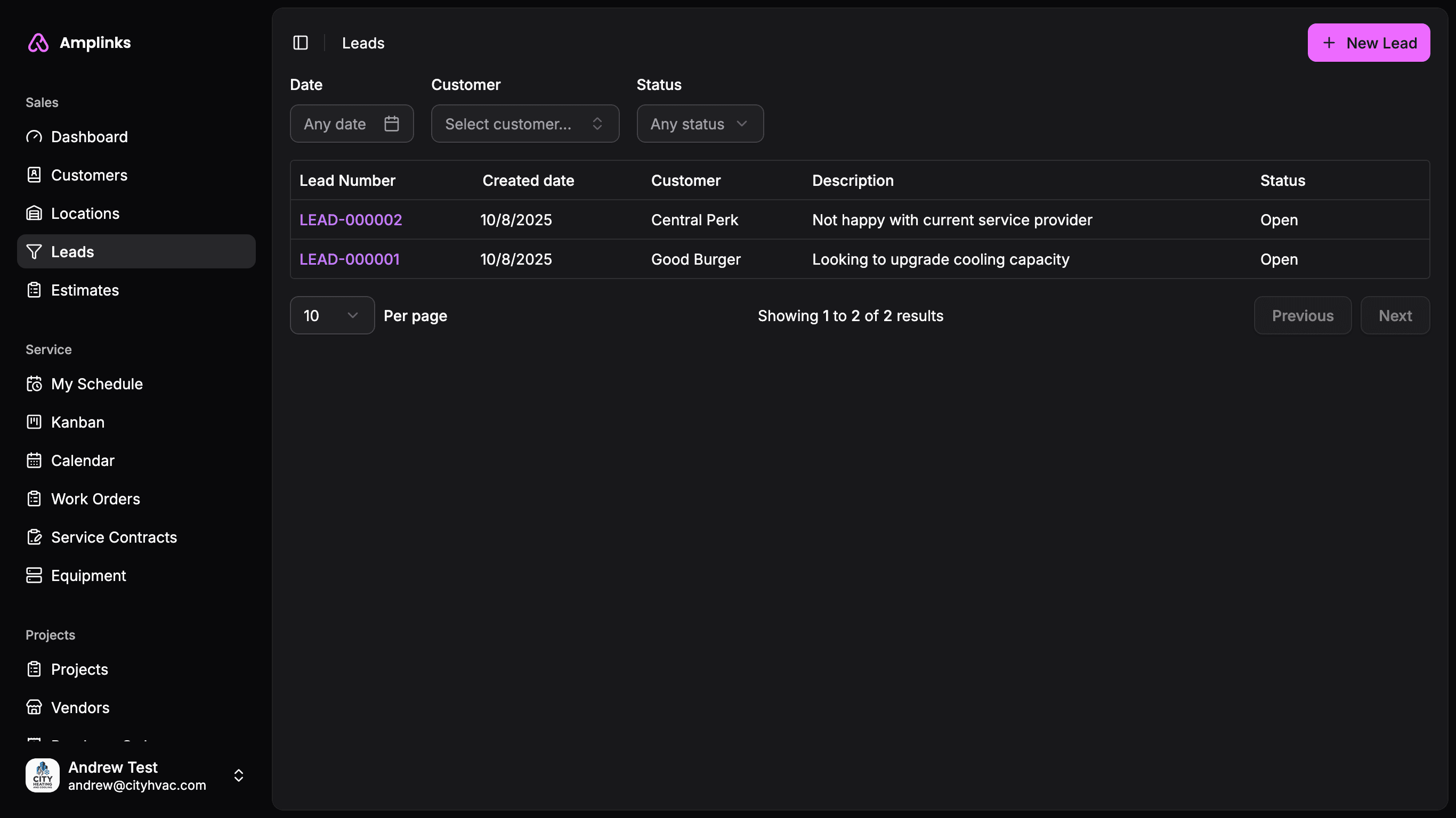 Screenshot of Amplinks Leads page