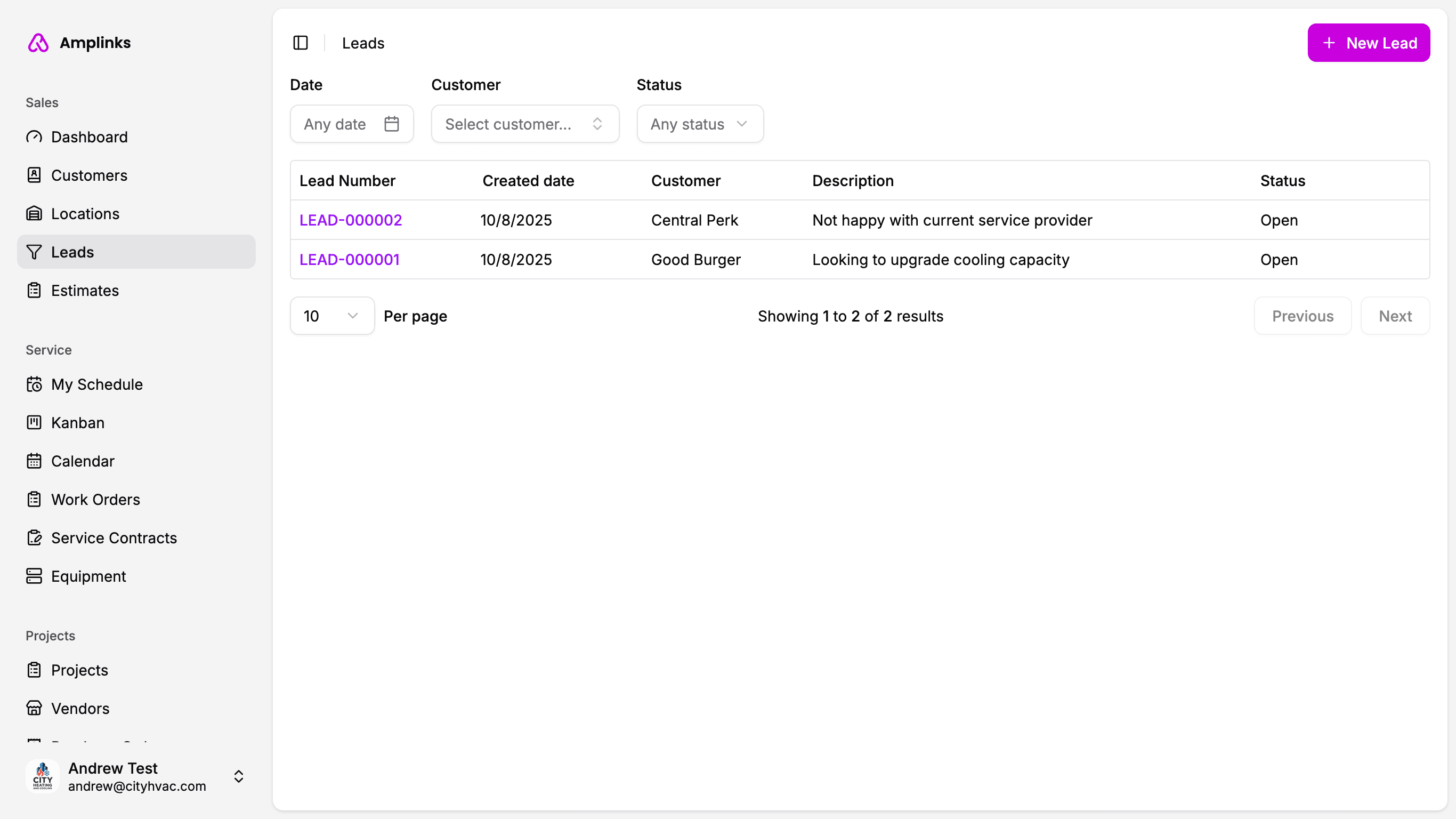 Screenshot of Amplinks Leads page