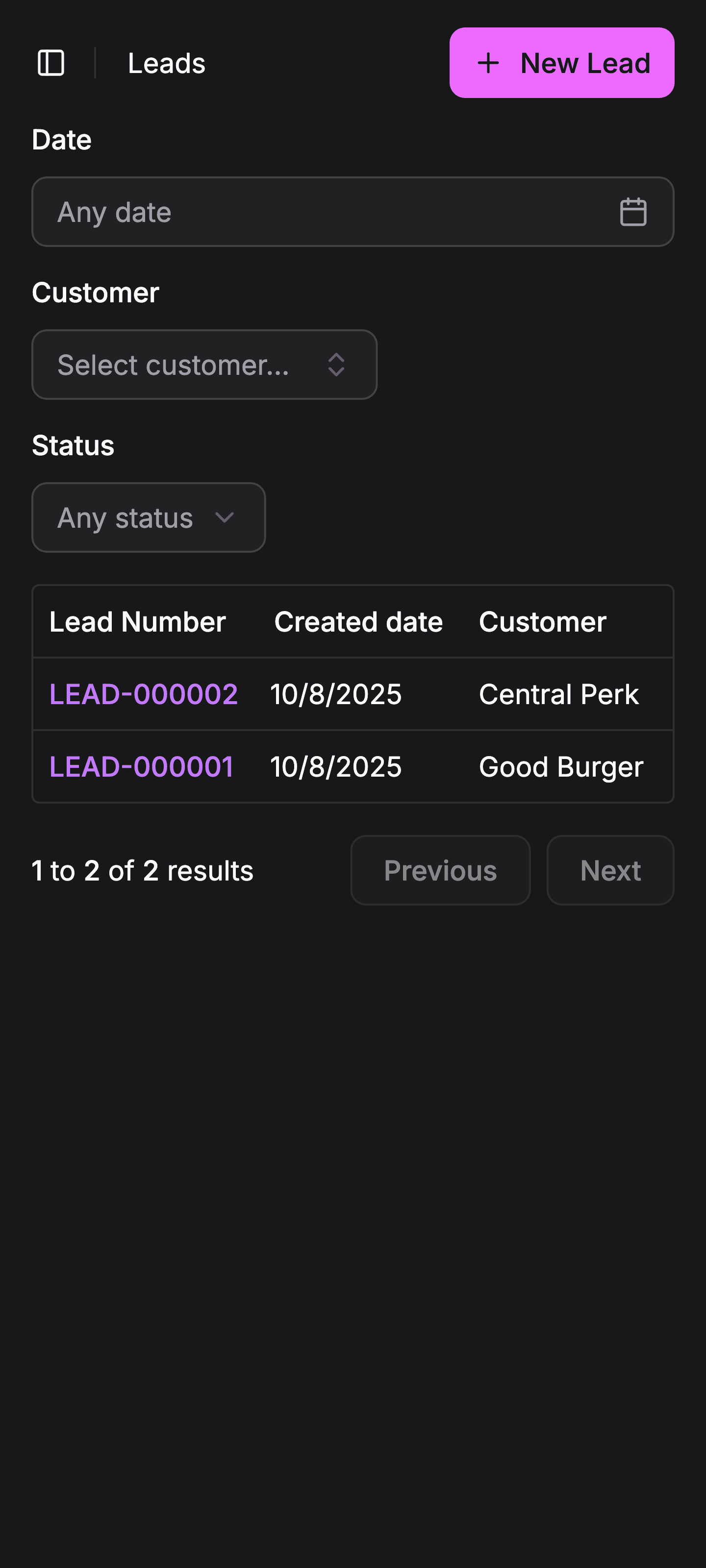 Screenshot of Amplinks Leads page