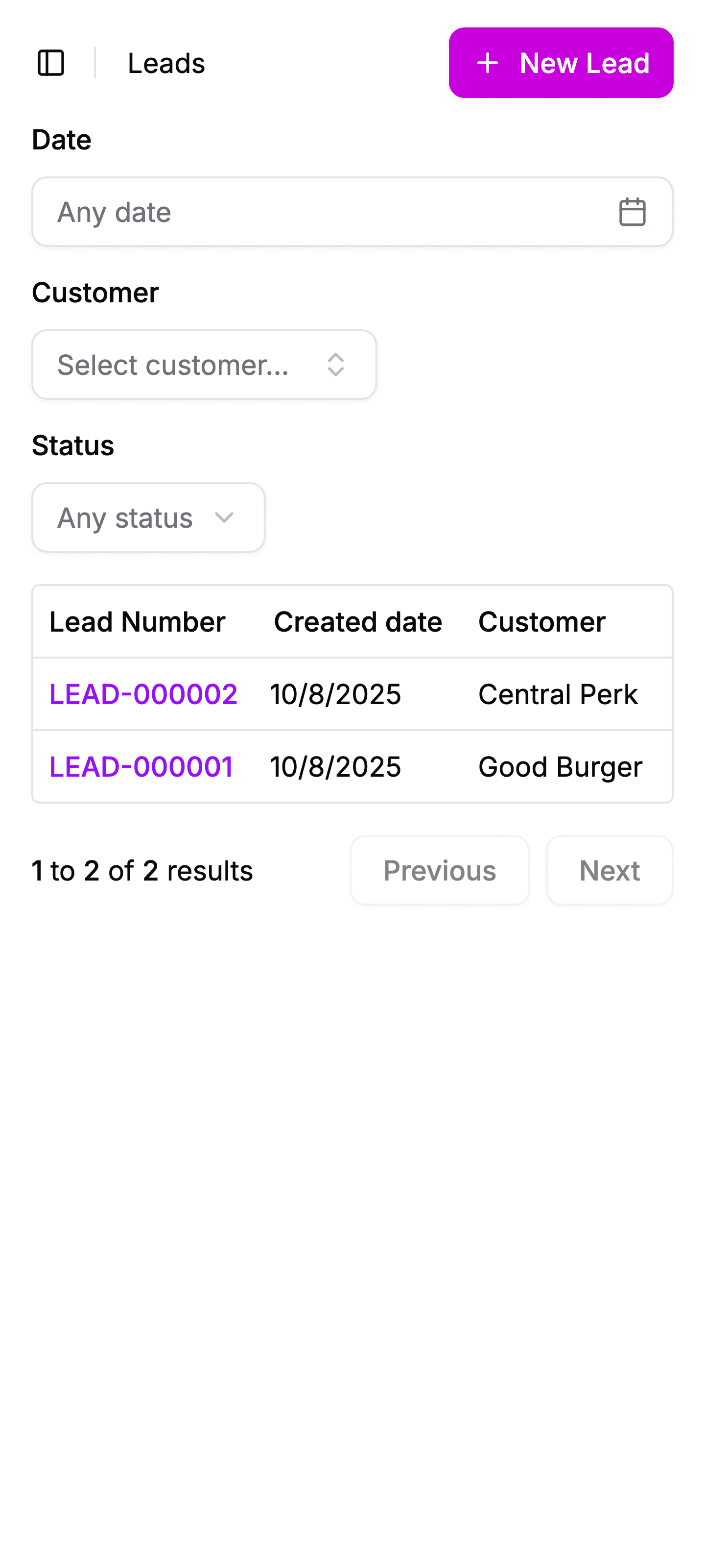Screenshot of Amplinks Leads page