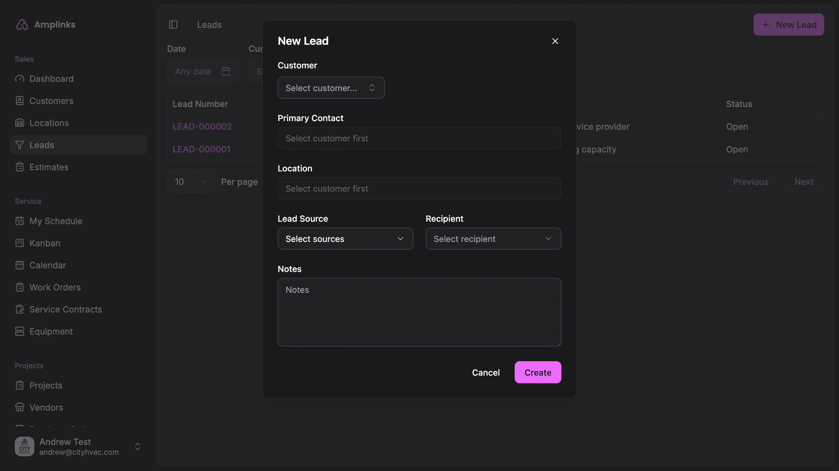 Screenshot of Amplinks Leads page