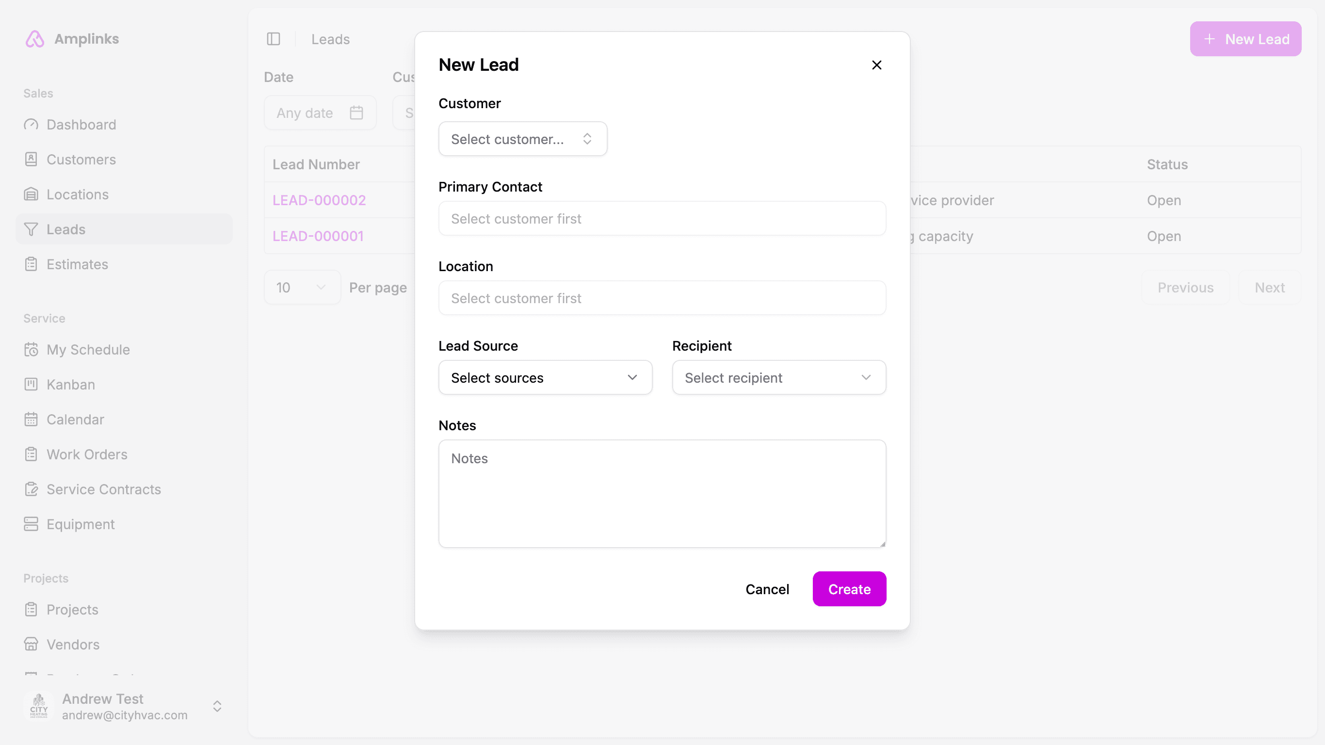 Screenshot of Amplinks Leads page