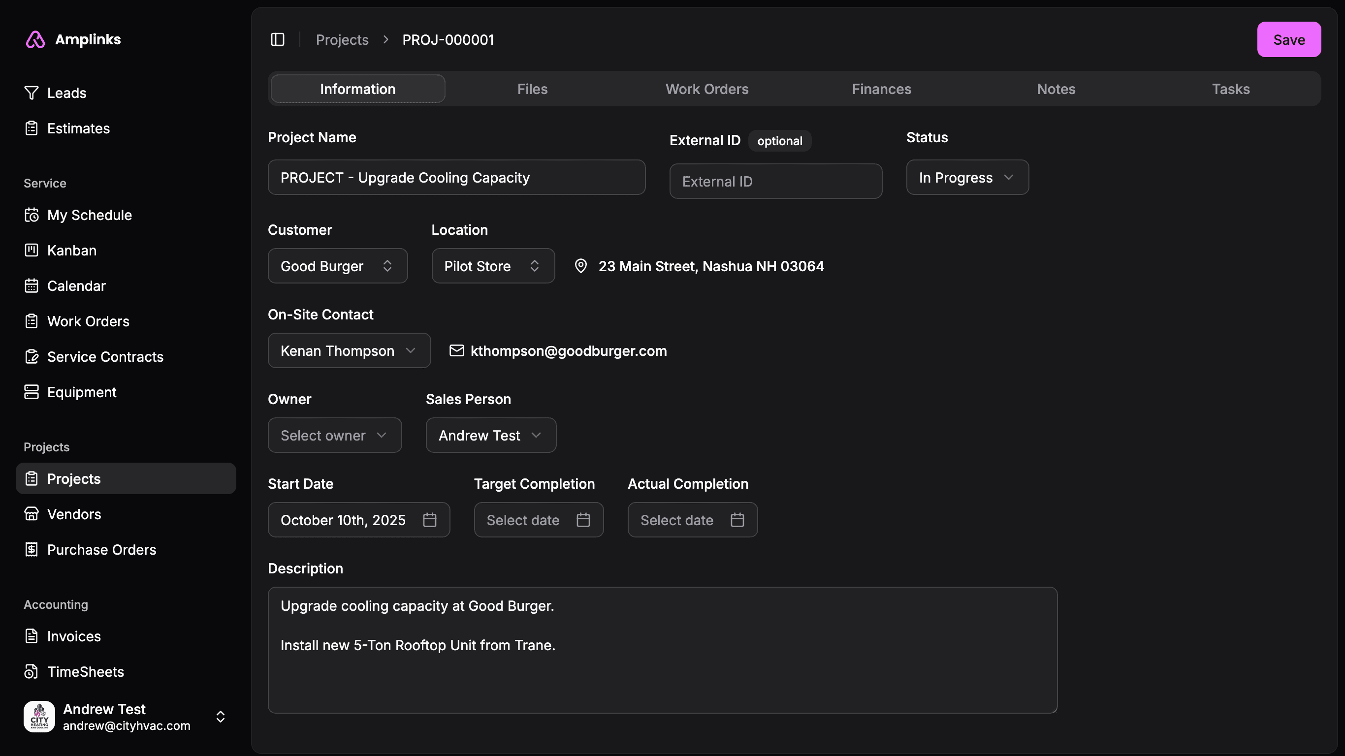 Screenshot of Amplinks project management features
