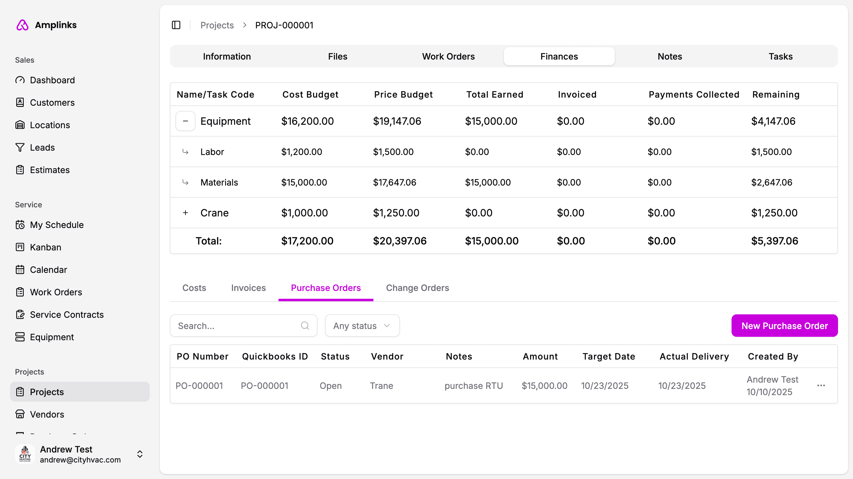 Screenshot of Amplinks project profitability tracking