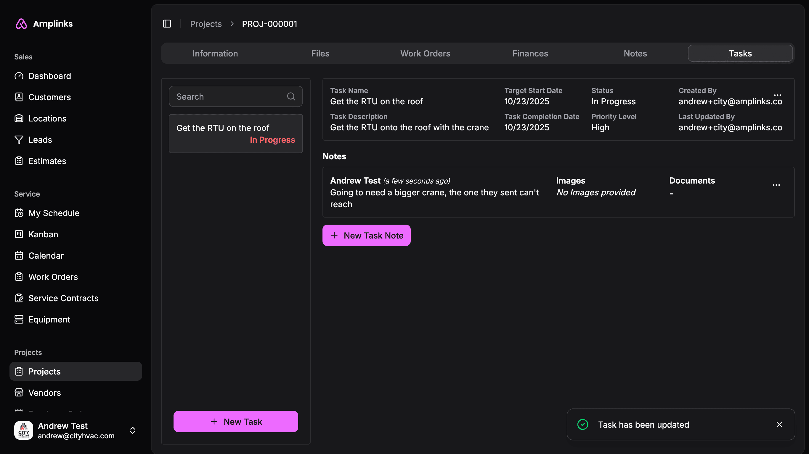 Screenshot of Amplinks project task tracking
