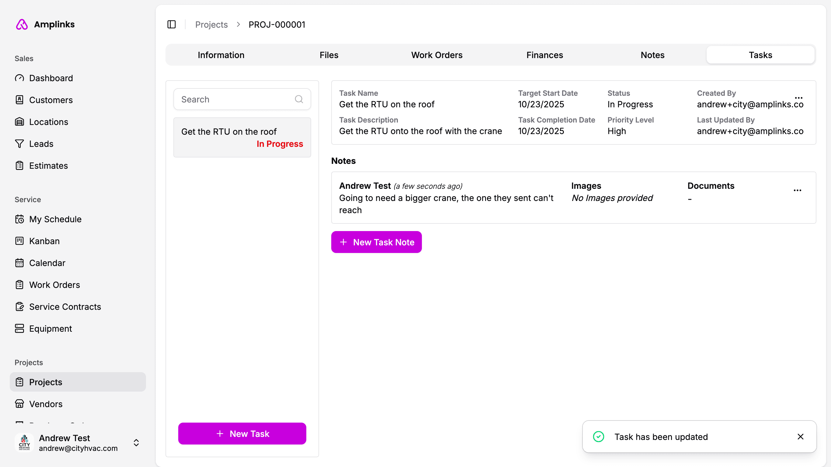 Screenshot of Amplinks project task tracking