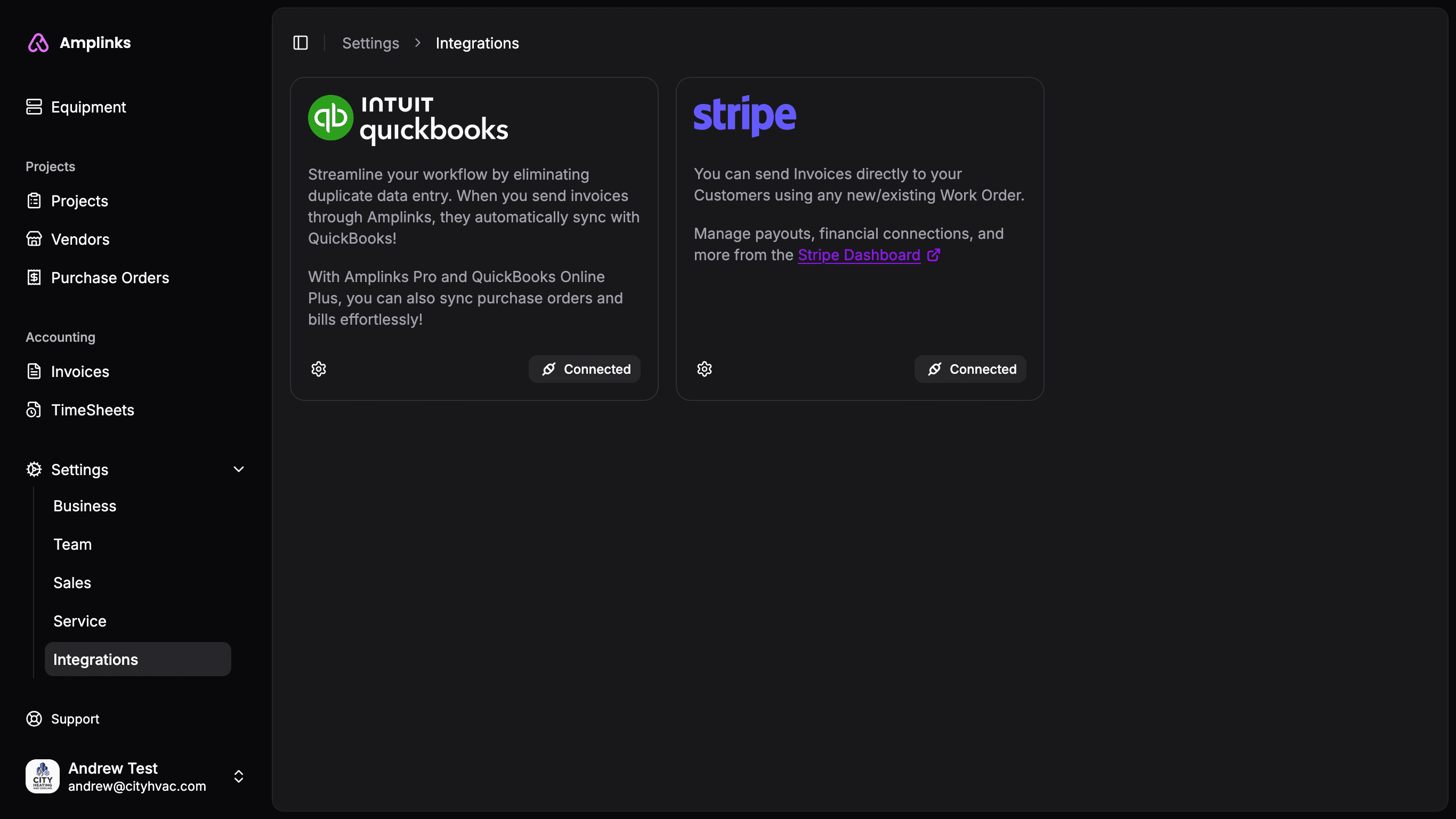 Screenshot of Amplinks QuickBooks integration