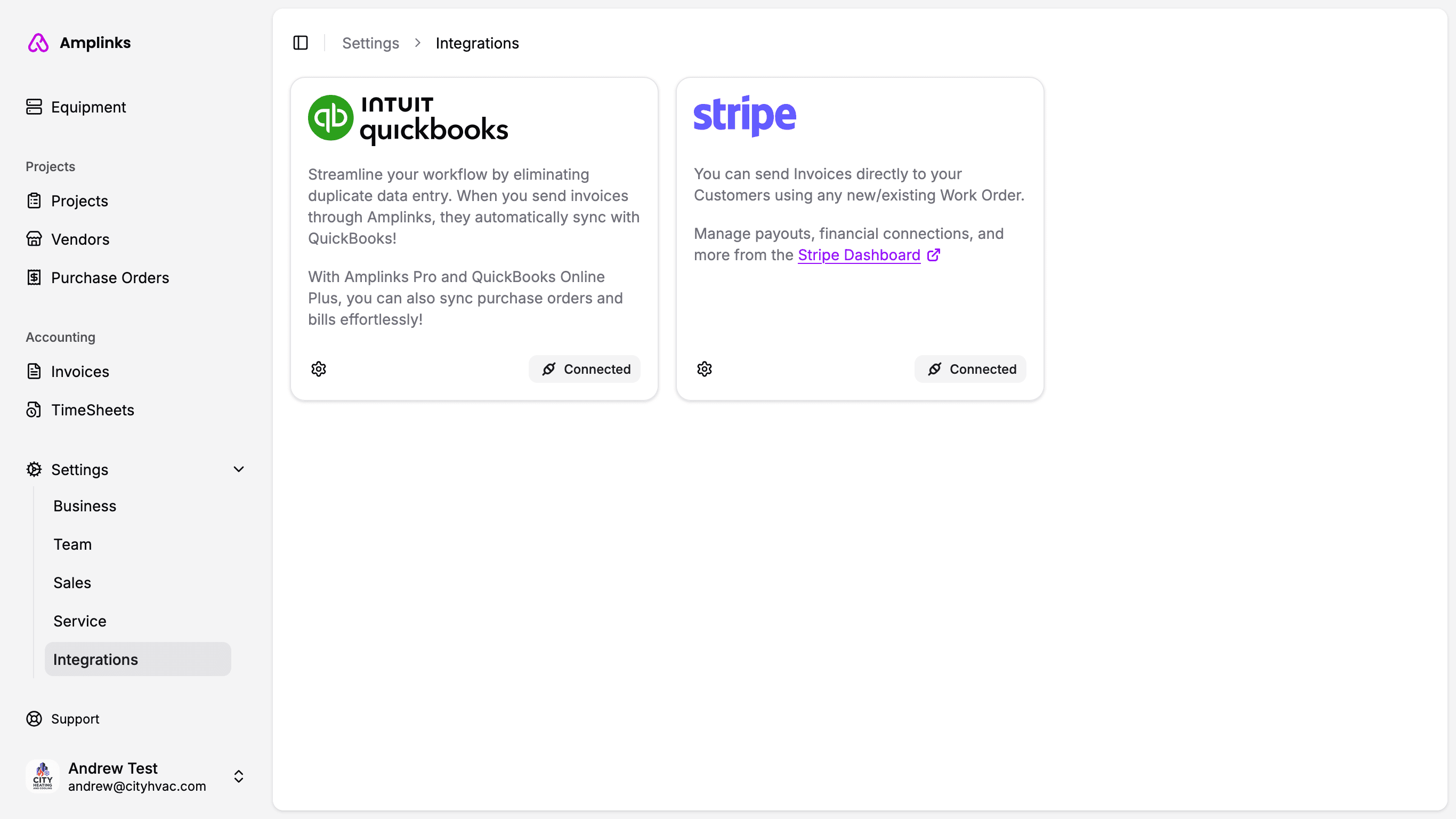 Screenshot of Amplinks QuickBooks integration