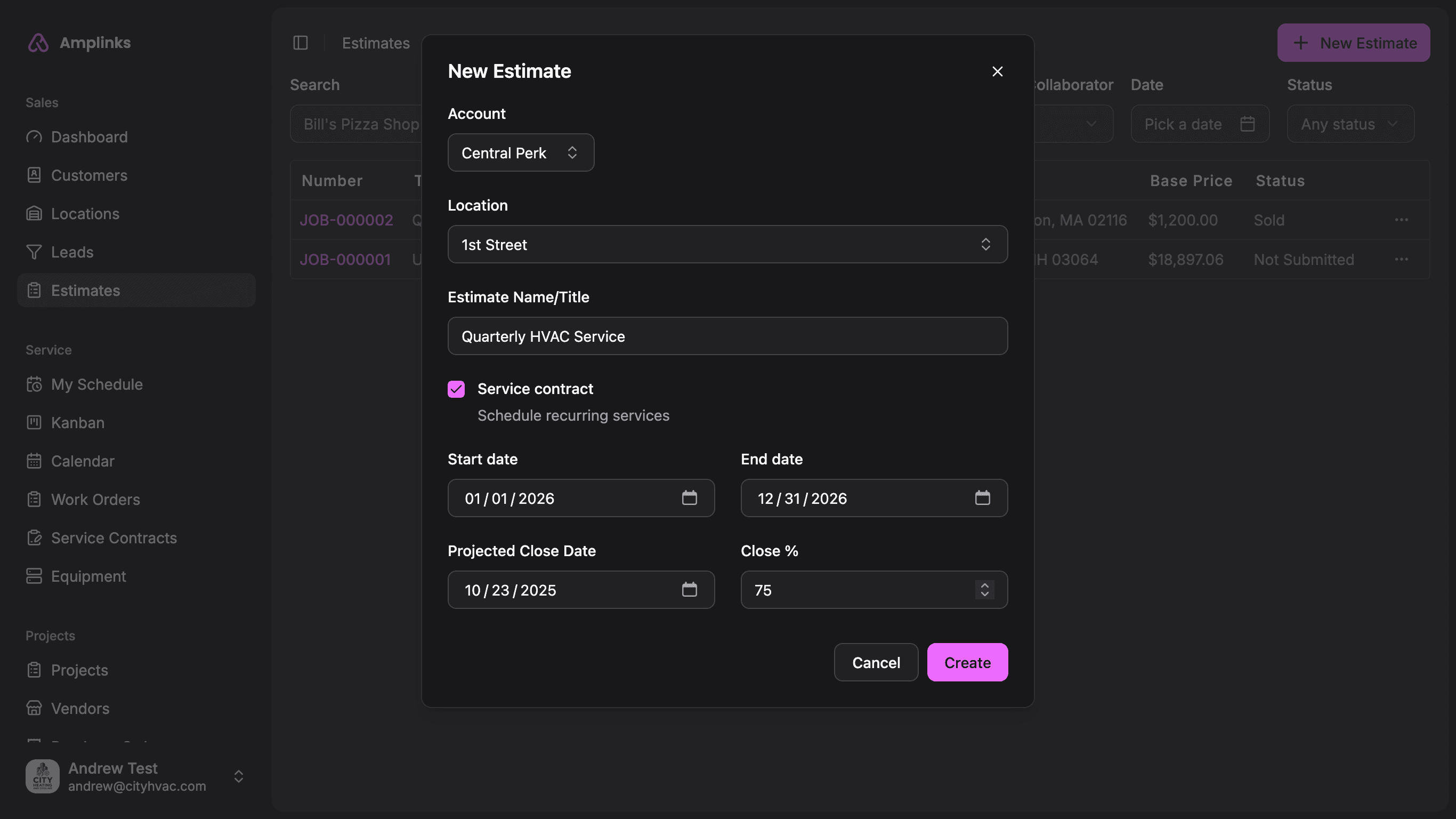 Screenshot of Amplinks Estimate builder