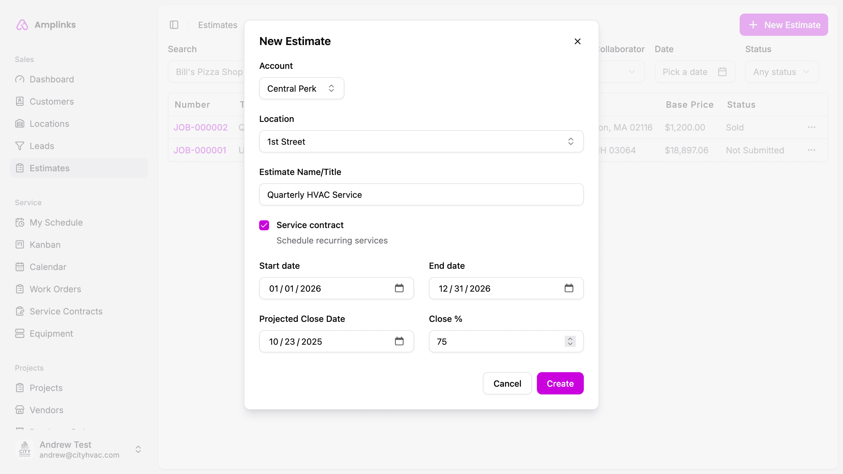Screenshot of Amplinks Estimate builder